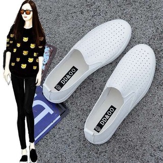 Giày lười da nữ slip-on trắng phong cách Hàn Quốc, thoáng khí, phù hợp mùa hè, thể thao thường ngày