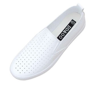 Giày lười da nữ slip-on trắng phong cách Hàn Quốc, thoáng khí, phù hợp mùa hè, thể thao thường ngày