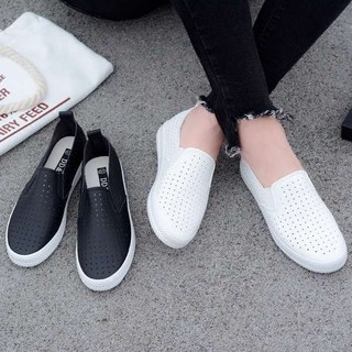 Giày lười da nữ slip-on trắng phong cách Hàn Quốc, thoáng khí, phù hợp mùa hè, thể thao thường ngày
