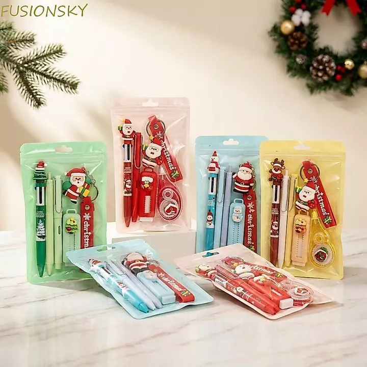 FUSIONSKY 5 Cái / bộ Bộ Văn Phòng Phẩm Giáng Sinh, Tẩy Bút Bi 4 Màu Học Văn Phòng Phẩm Santa Móc Khóa Bút Highlighter Bút Văn Phòng Di Động Văn Phòng Phẩm Bộ Dụng Cụ Viết