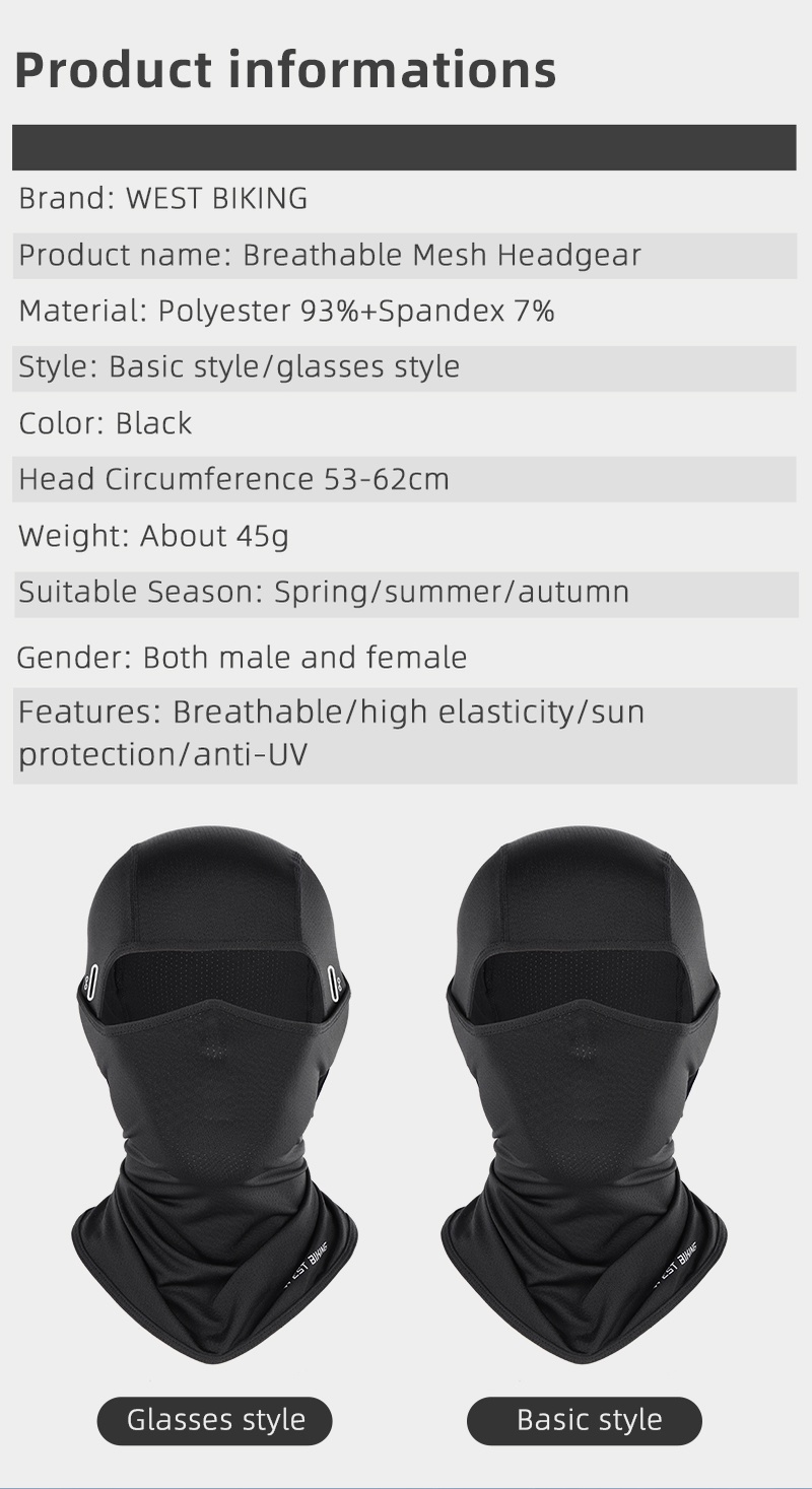Mô tả WEST BIKING Mặt nạ Balaclava chống tia cực tím thoáng khí có lỗ kính Mặt nạ lụa băng khô nhanh Mũ đội đầu - 2
