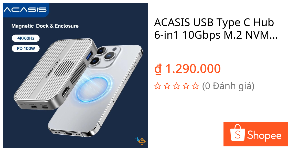 ACASIS USB Type C Hub 6-in1 10Gbps M.2 NVMe SSD Vỏ USB Type C Đế Từ Tính Có Quạt SD/TF Reader PD90W