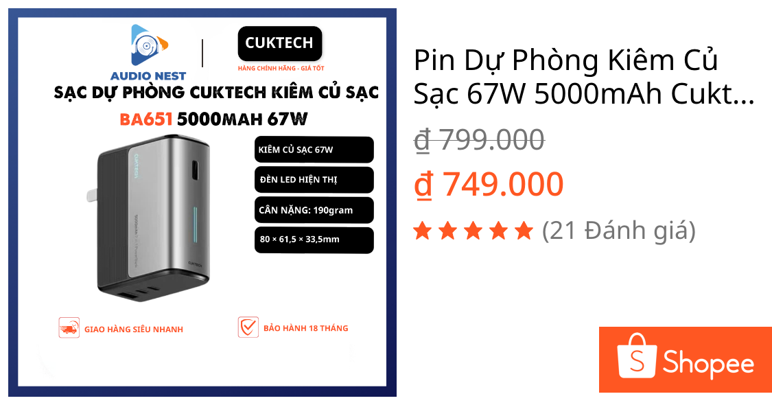 Pin Dự Phòng Kiêm Củ Sạc 67W 5000mAh Cuktech (BA651) – Bảo Hành 18 Tháng