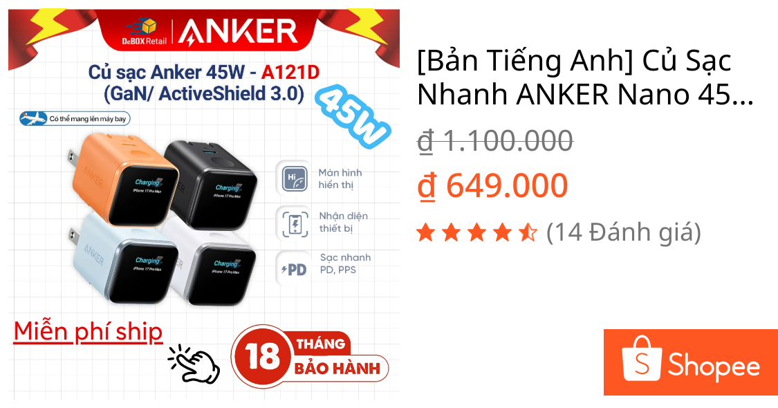 [Bản Tiếng Anh] Củ Sạc Nhanh ANKER Nano 45W GaN Màn Hình LED USB-C PD/PPS iPhone 15/16/17 Series, Samsung, iPad A121D