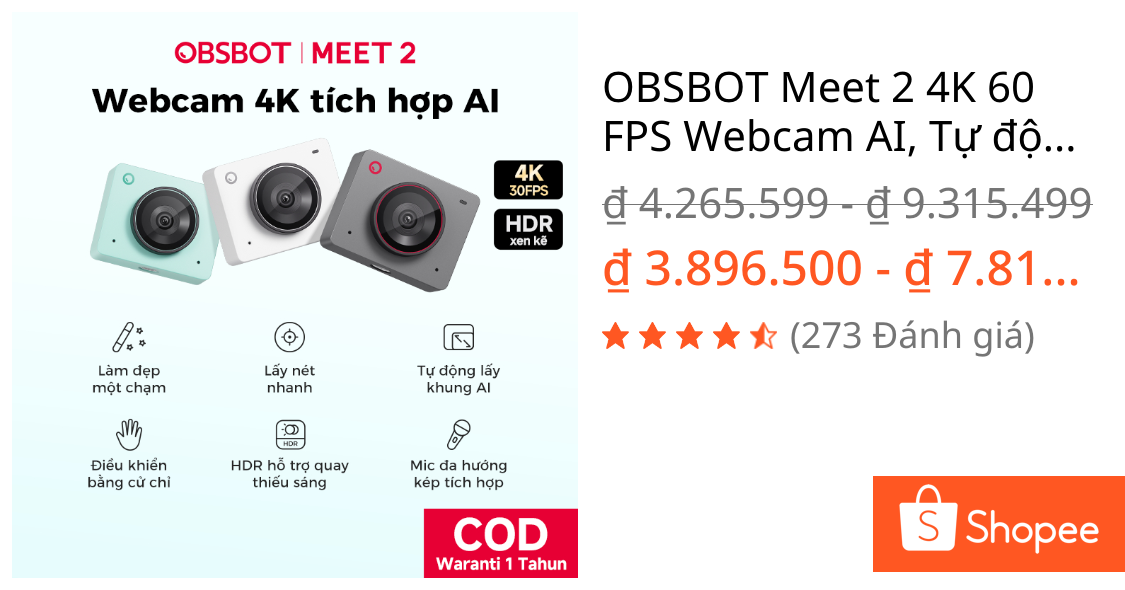 OBSBOT Meet 2 4K 60 FPS Webcam AI, Tự động lấy nét cho PC, Laptop, dùng livestream, học online