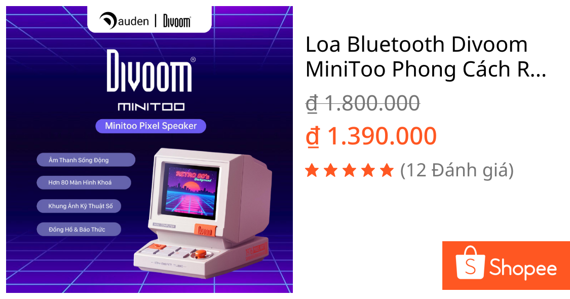 Loa Bluetooth Divoom MiniToo Phong Cách Retro 70s, Màn Hình LED, Bluetooth v5.3 – Hàng Chính Hãng