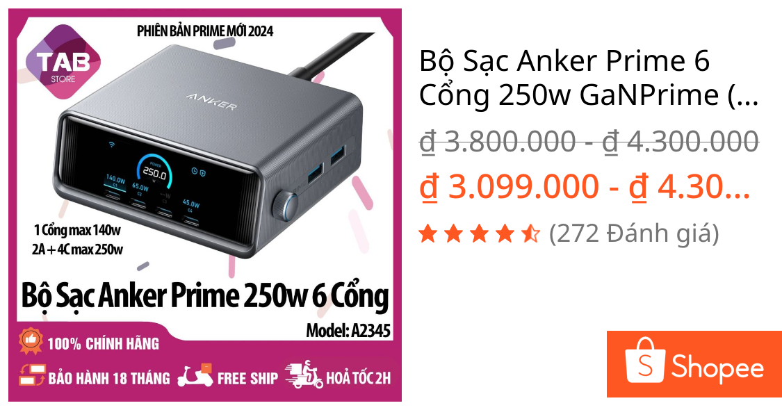 Bộ Sạc Anker Prime 6 Cổng 250w GaNPrime (Có Bản Pro+ 2026) A2345 – Bảo Hành 18 Tháng