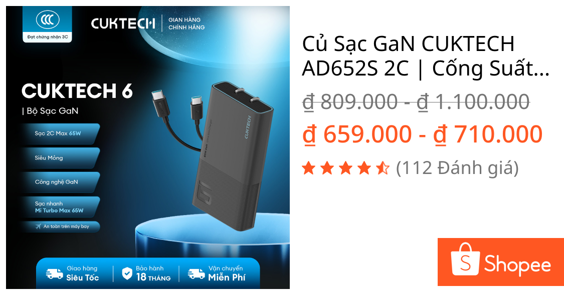 Củ Sạc GaN CUKTECH AD652S 2C | Cống Suất 65W Max | Hỗ Trợ Sạc Nhanh | Thiết Kế Siêu Mỏng | Bảo Hành 18 Tháng