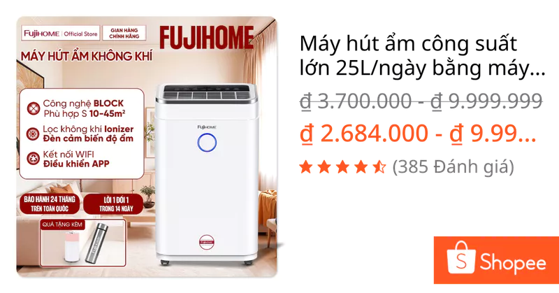Máy hút ẩm công suất lớn 25L/ngày bằng máy nén cao cấp Nhập Khẩu Fujihome kết nối Wifi, lọc không khí thông minh đa năng — ảnh 1