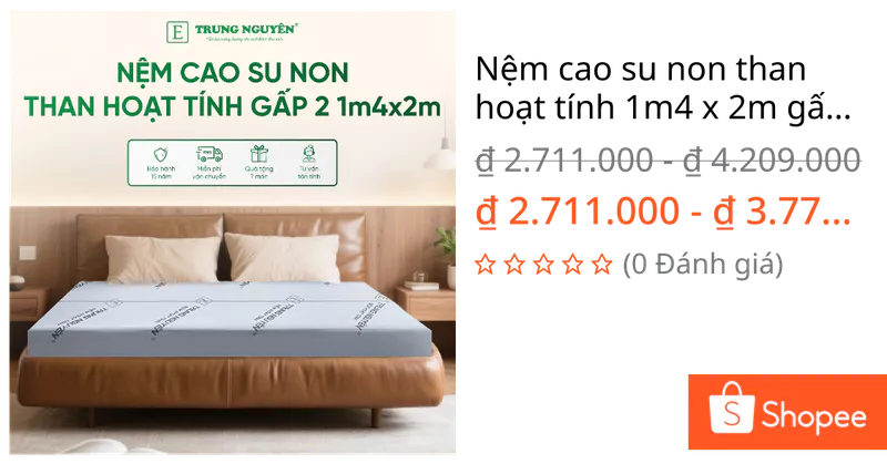 Nệm cao su non than hoạt tính 1m4 x 2m gấp 2 Trung Nguyên, đệm cao cấp đàn hồi tốt, thông thoáng, nệm ngủ êm ái mềm mại — ảnh 1