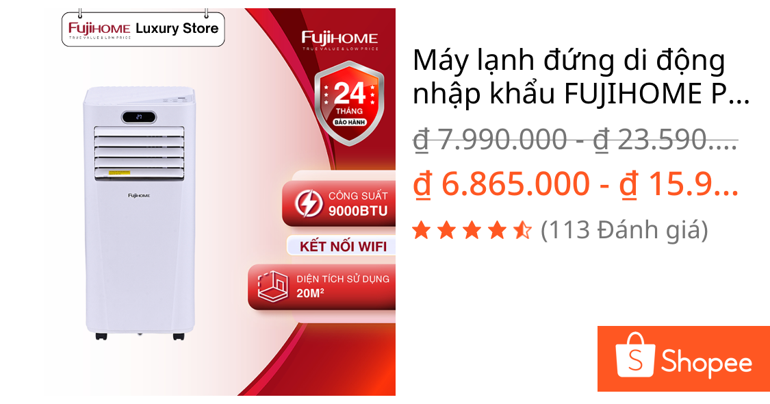 Máy lạnh đứng di động nhập khẩu FUJIHOME PAC09 Công suất làm lạnh 9000BTU - Kết nối wifi từ xa
