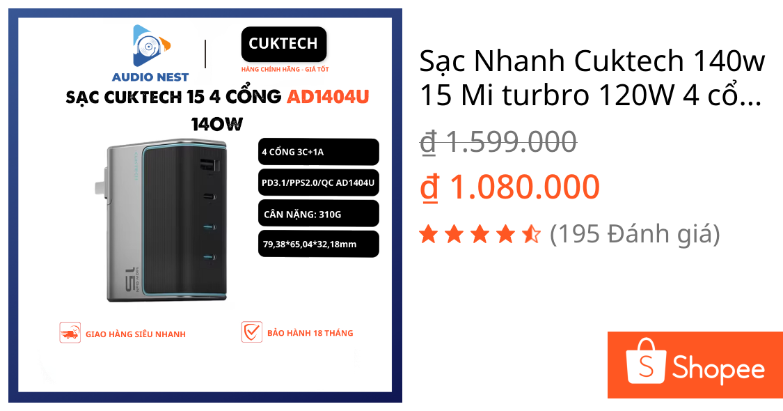 Sạc Nhanh Cuktech 140w 15 Mi turbro 120W 4 cổng 3C+1A PD3.1/PPS2.0/QC (AD1404U) – Bảo Hành 18 Tháng