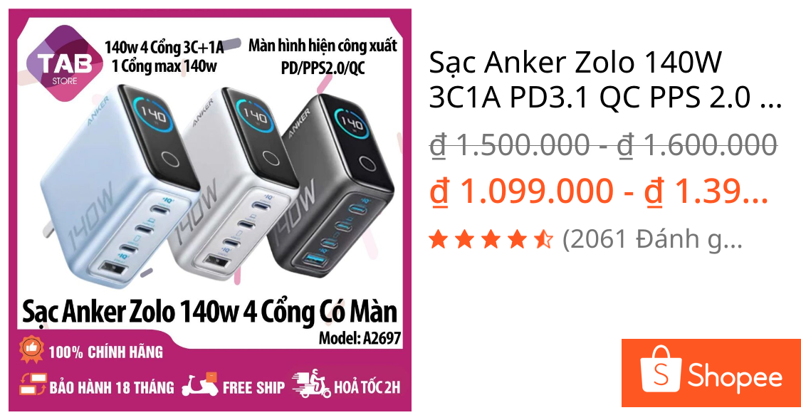 Sạc Anker Zolo 140W 3C1A PD3.1 QC PPS 2.0 Màn Hình Báo Công Suất A2697 – Bảo Hành 18 Tháng