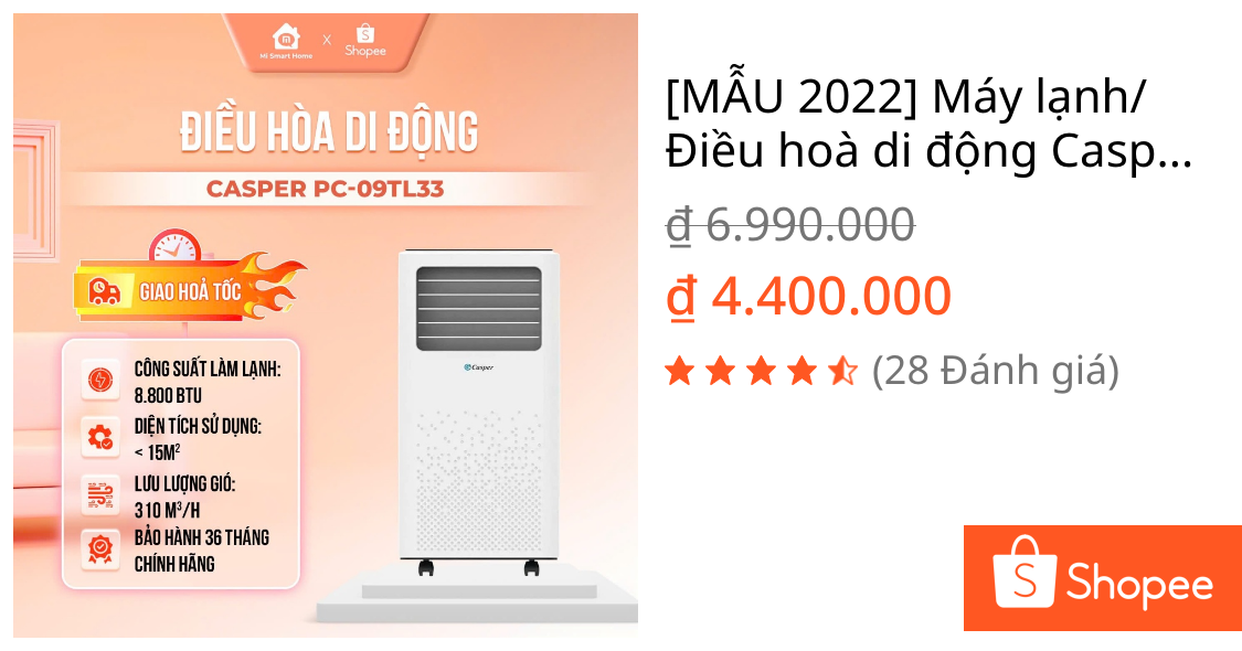 [MẪU 2022] Máy lạnh/ Điều hoà di động Casper 1 chiều 1HP PC-09TL33 - Chính hãng - Bảo hành 3 năm chính hãng