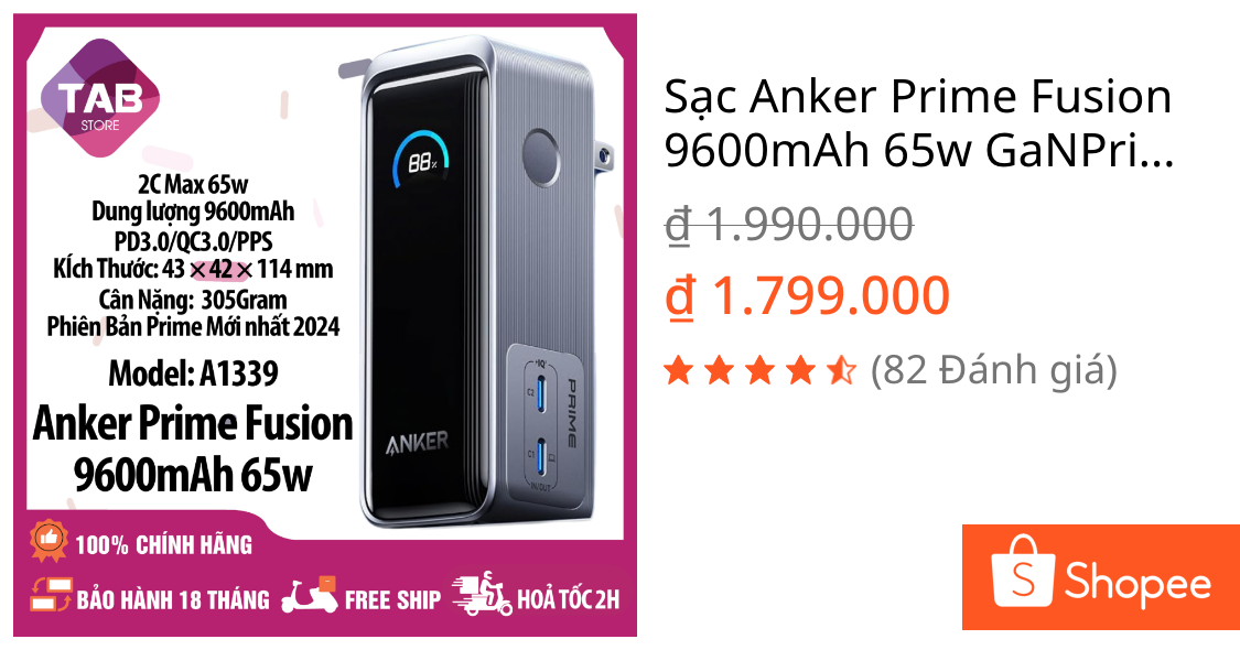 Sạc Anker Prime Fusion 9600mAh 65w GaNPrime A1339 – Bảo Hành 18 Tháng
