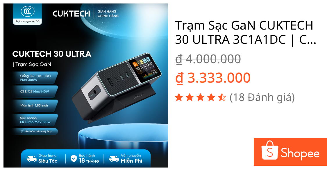 Trạm Sạc GaN CUKTECH 30 ULTRA 3C1A1DC | Công Suất Max 300W | Màn Hình 1.83 Inch | Bảo Hành 18 Tháng TA3005U