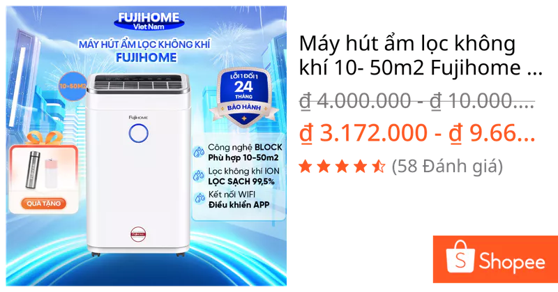 Máy hút ẩm lọc không khí 10- 50m2 Fujihome nhập khẩu,Công nghệ hút ẩm máy nén Block kết nối Wifi, đèn báo cảm biến độ ẩm — ảnh 1