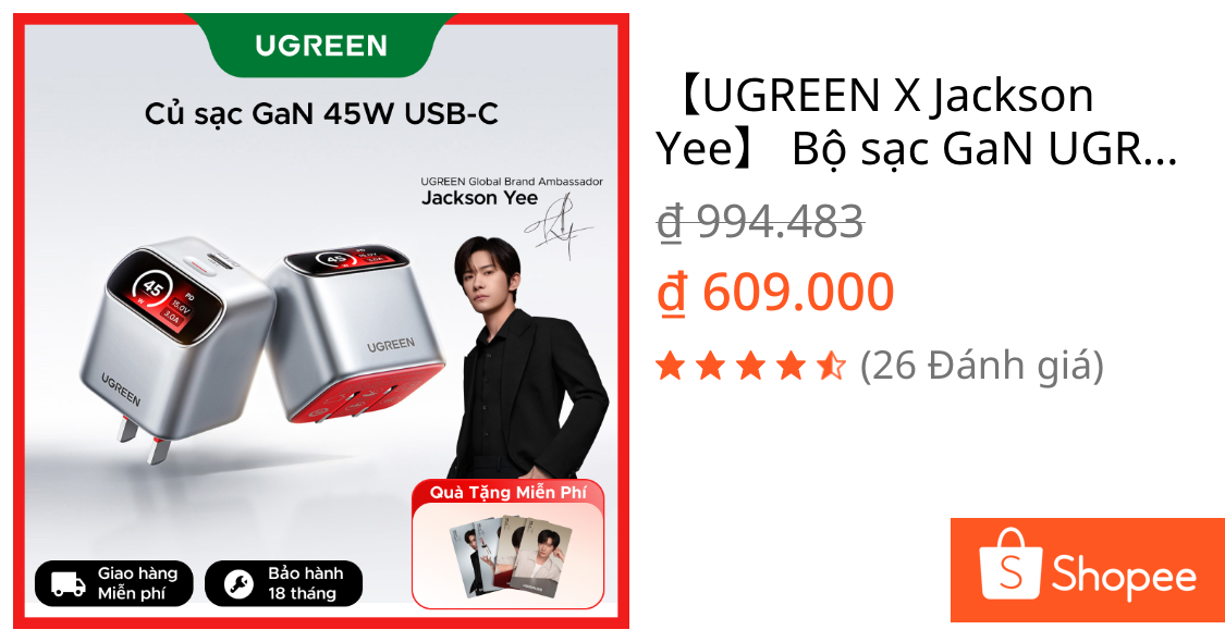 【UGREEN X Jackson Yee】 Bộ sạc GaN UGREEN Mini 45W Màn hình thông minh USB C Nexode Màn hình biểu tượng cảm xúc sạc nhanh nhanh cho iPhone 17 Series Samsung S26 Ultra S25 S24