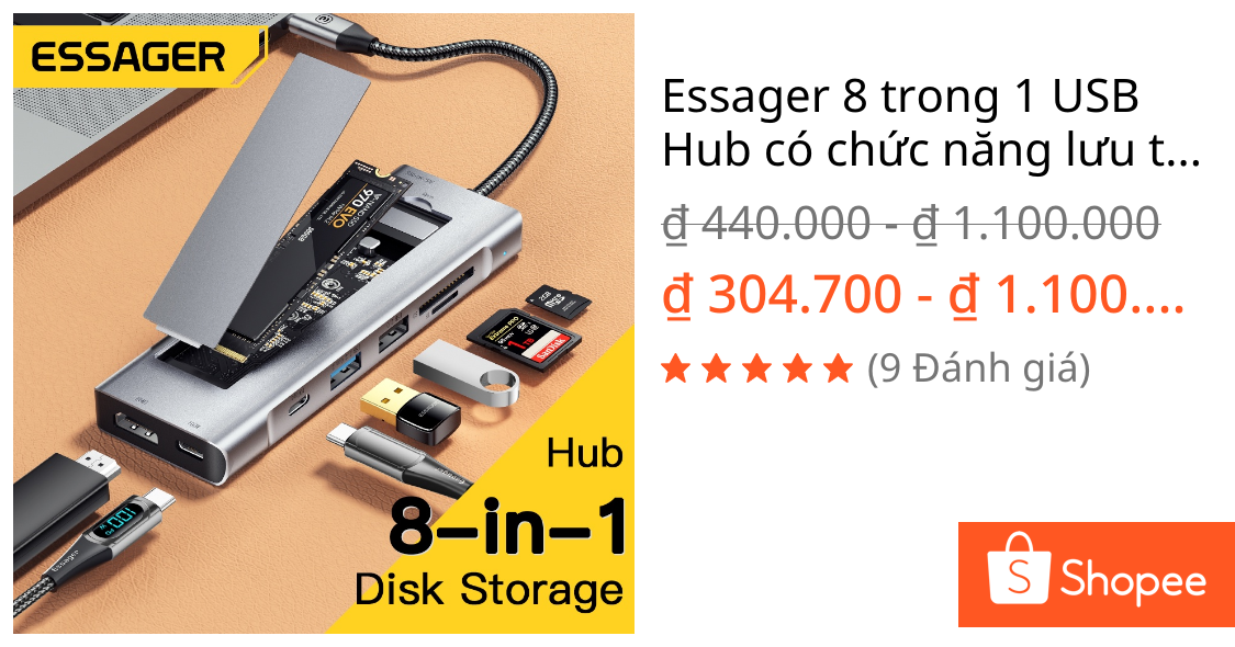 Essager 8 trong 1 USB Hub có chức năng lưu trữ đĩa USB Type-c sang HDMI Đế cắm máy tính xách tay tương thích cho Macbook