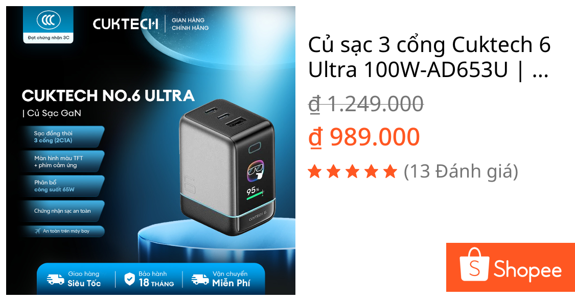 Củ sạc 3 cổng Cuktech 6 Ultra 100W-AD653U | Bảo hành 18 tháng