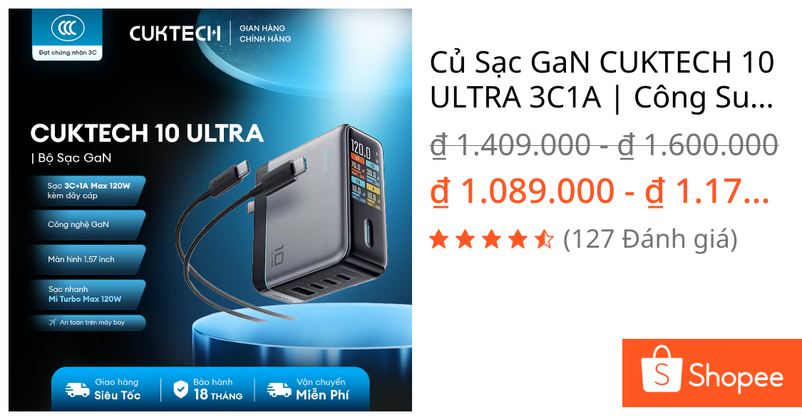 Củ Sạc GaN CUKTECH 10 ULTRA 3C1A | Công Suất 120W |Hỗ Trợ Sạc Nhanh | Bảo Hành 18 Tháng AD1204U