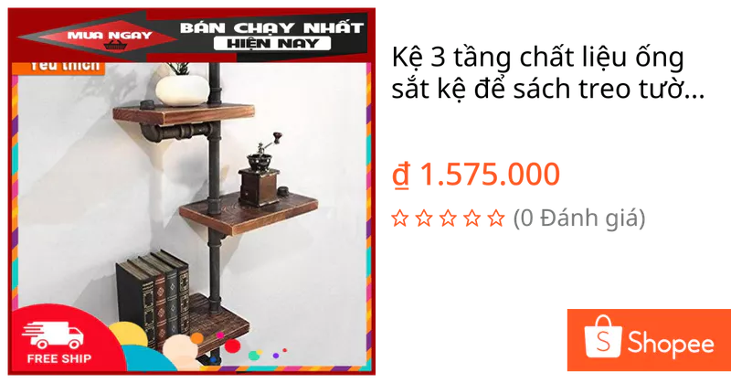 Kệ 3 tầng chất liệu ống sắt kệ để sách treo tường bền đẹp lắp ráp gắn tường trang trí nhà à quán cafe đẹp, độc, lạ — ảnh 1