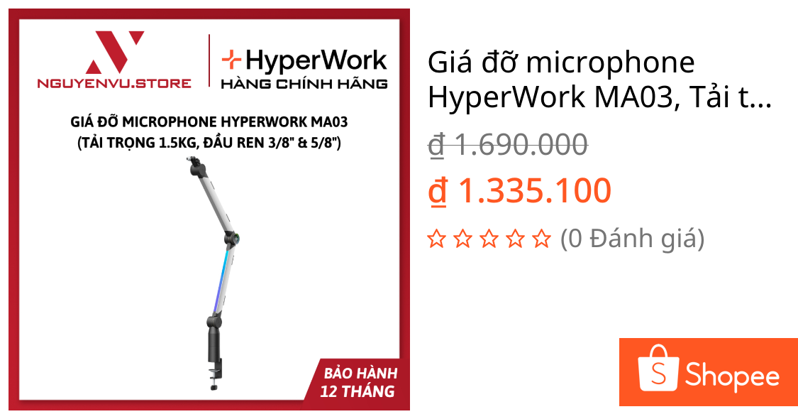 Giá đỡ microphone HyperWork MA03, Tải trọng 1.5Kg, Đầu ren 3/8″ & 5/8″ – Hàng chính hãng