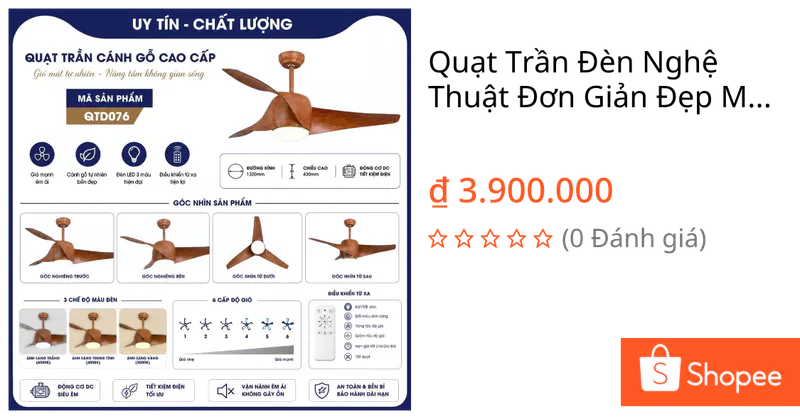 Quạt Trần Đèn Nghệ Thuật Đơn Giản Đẹp Mắt, Quạt Trần Đèn Thiết Kế Thanh Lịch Phù Hợp Nhiều Không Gian, Gió Mát Êm 076 — ảnh 1