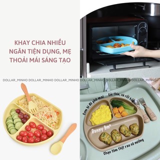 Khay ăn dặm 3 ngăn có đế hít chống đổ bằng silicon cho bé ăn dặm Dollar Minho