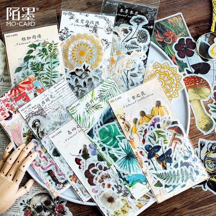 Sticker vintage hoa phong cảnh trang trí sổ cổ điển dán mũ bảo hiểm điện thoại quà tặng set 60 miếng dán HD210-K63