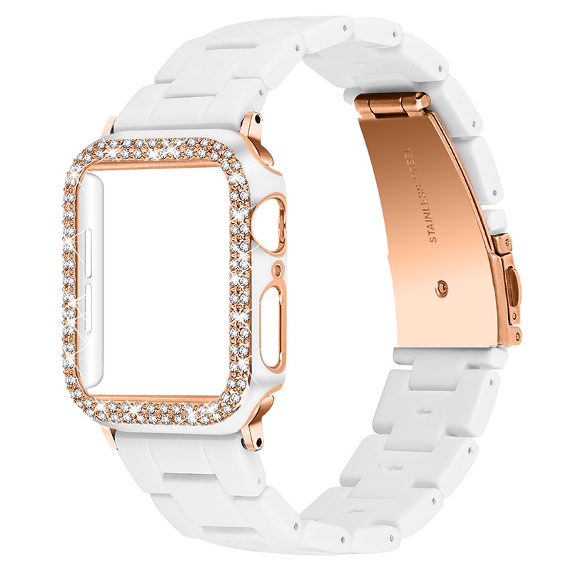 Nam Nữ Hai Màu Kim Cương Ốp Lưng Nhựa Bộ Dây Đeo Thích Hợp Cho Apple Watch SE3 S9 S8 SE S7 S6 40mm 44mm 41mm 45mm Dây Đeo Tay