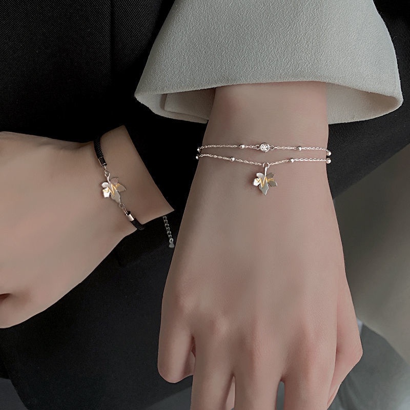Vòng Tay Mạ Bạc 925 Hình Lá Phong Đơn Giản Thời Trang Cho Cặp Đôi