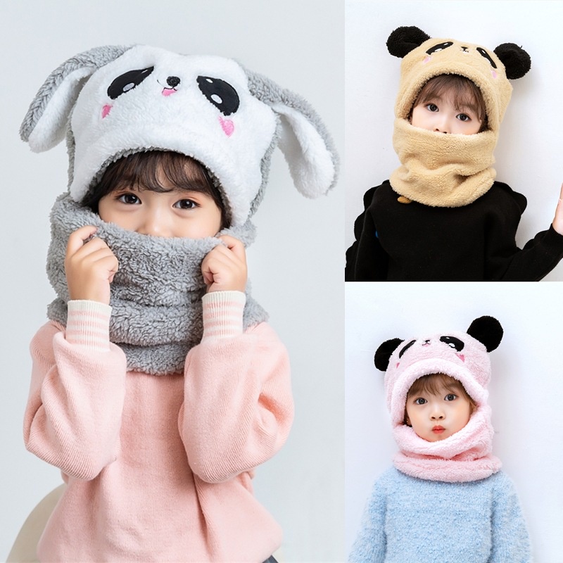 Mũ lông gấu Panda cho bé💚CAM KẾT CHUẨN💚Nón len trẻ em lông cừu liền khăn cổ hình gấu ấm áp mùa đông