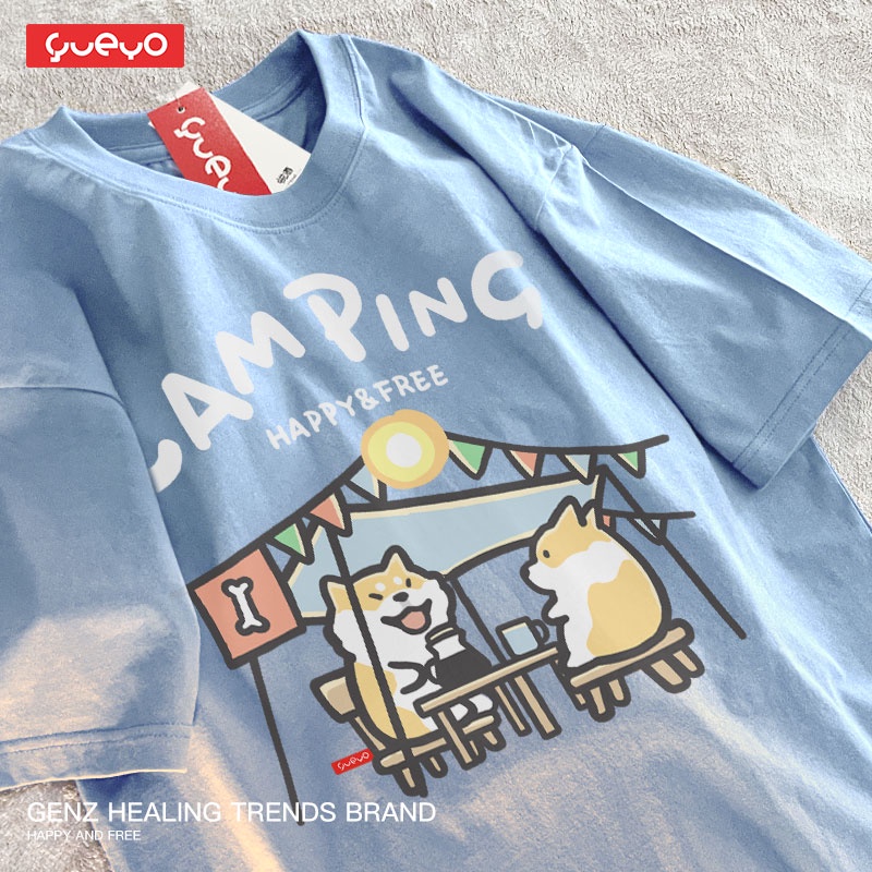 Áo Thun Tay Lỡ Nữ HappyFamily Form Rộng In Hình Cún Shiba Camping Chất vải cotton 100 cao cấp