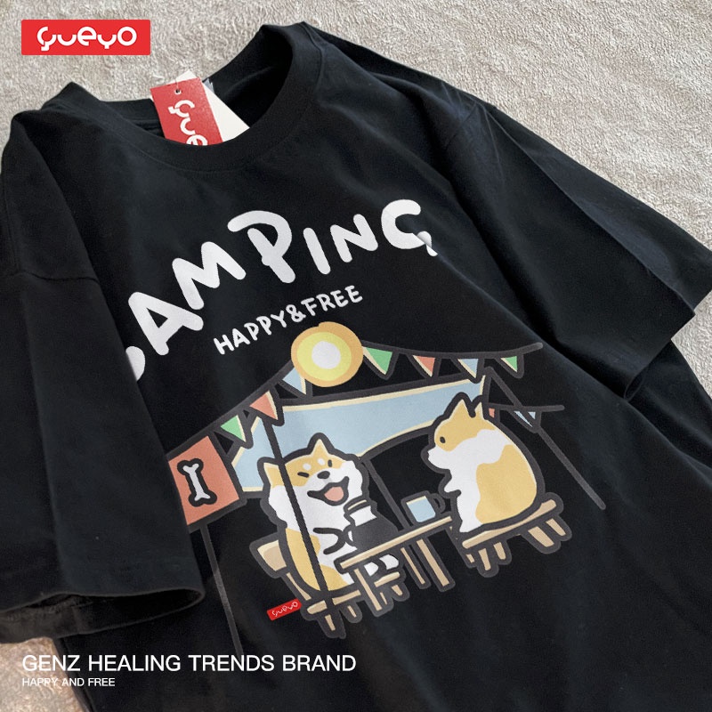 Áo Thun Tay Lỡ Nữ HappyFamily Form Rộng In Hình Cún Shiba Camping Chất vải cotton 100 cao cấp