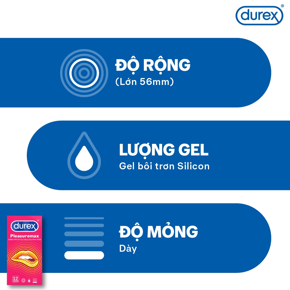 Ảnh Bao cao su Durex Pleasuremax gân gai, size 56mm, 12 bao/hộp 2