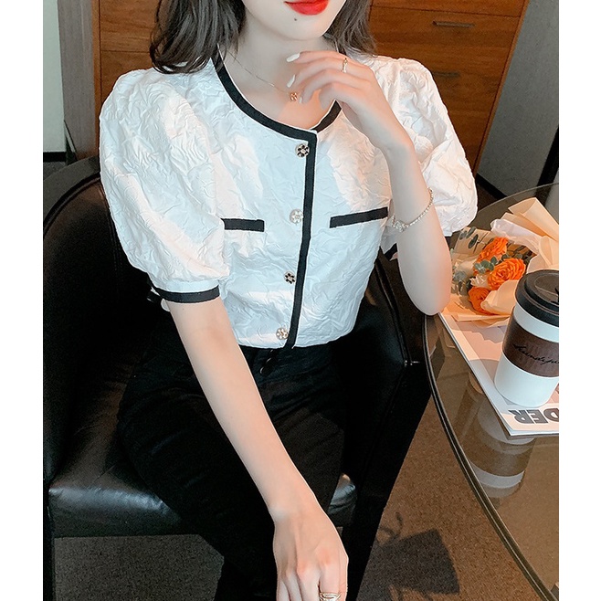 Áo xốp hoa gấm đen trắng tay phồng cổ tàu A041 sơ mi công sở freesize tiểu thư