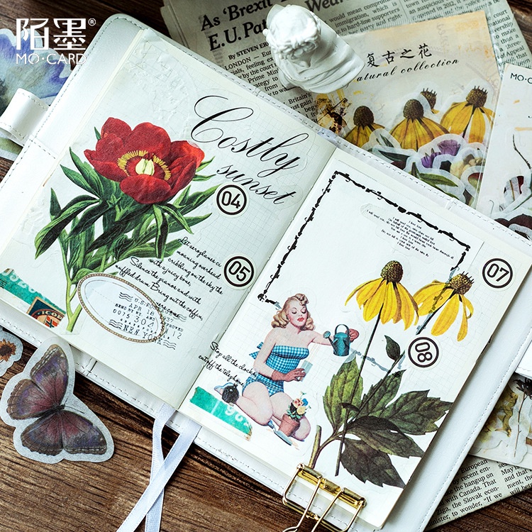 Sticker vintage hoa phong cảnh trang trí sổ cổ điển dán mũ bảo hiểm điện thoại quà tặng set 60 miếng dán HD210-K63