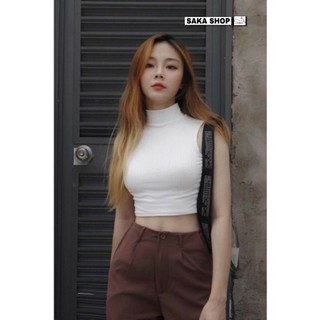Áo thun croptop sát nách trơn nữ cổ trụ màu đen trắng phong cách ulzzang