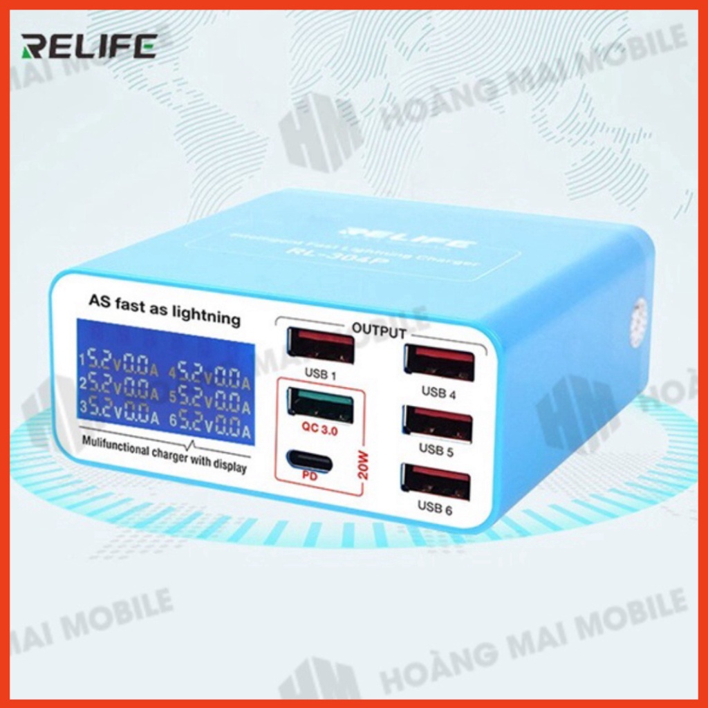 Bộ sạc nhanh 40W RELIFE RL-304P, 6 cổng USB-A + QC3.0 + Type-C/PD