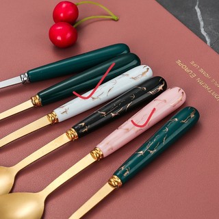 (ComBo 6 Thìa) Thìa Inox Mạ Vàng Màu Xanh Ngọc Vân Đá Xinh Xỉu Phong Cách Châu Âu Cao Cấp Kèm Hộp