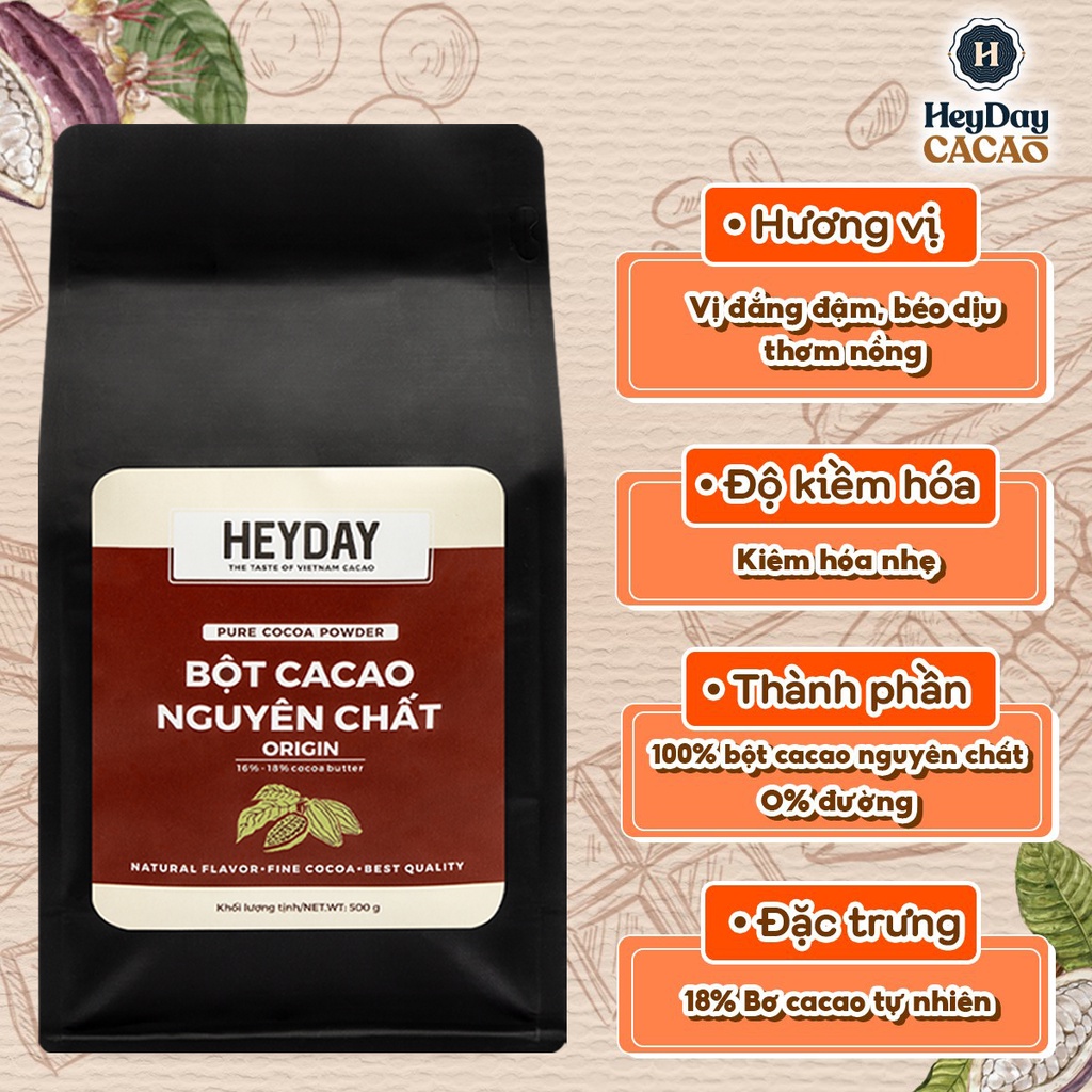 Ảnh Túi zip 500g Bột cacao nguyên chất Việt Nam 100% không đường Heyday - Dòng Origin thượng hạng 4
