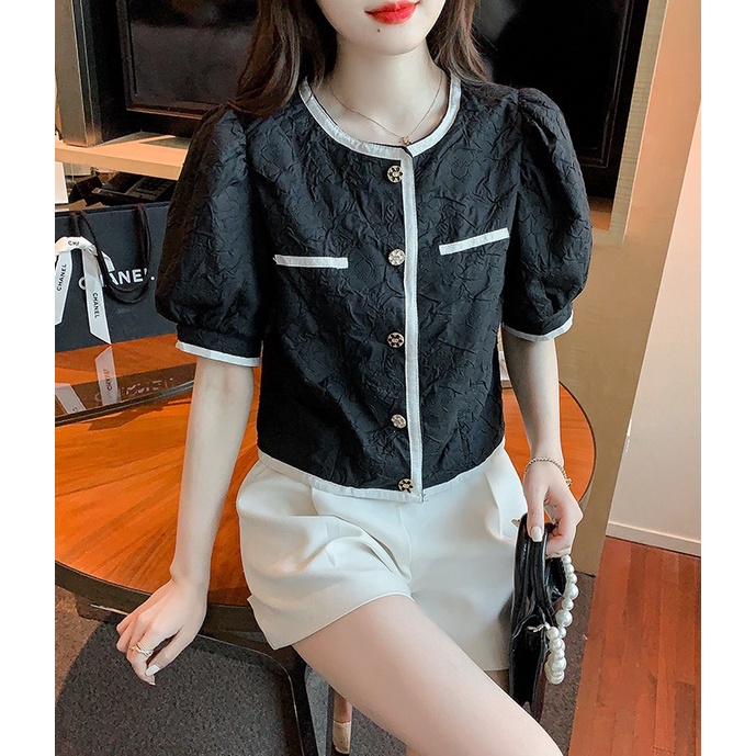 Áo xốp hoa gấm đen trắng tay phồng cổ tàu A041 sơ mi công sở freesize tiểu thư