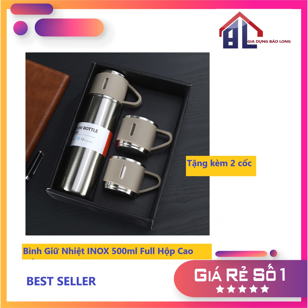 Bình Giữ Nhiệt INOX 500ml Full Hộp Cao Cấp Kèm 2 Cốc Inox Có Quai, Làm ...