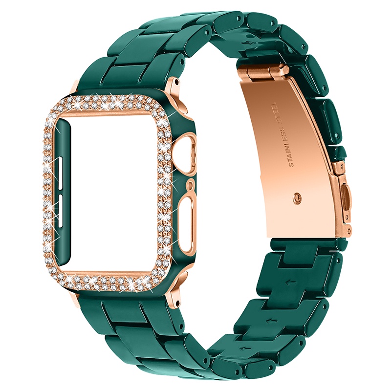 Nam Nữ Hai Màu Kim Cương Ốp Lưng Nhựa Bộ Dây Đeo Thích Hợp Cho Apple Watch SE3 S9 S8 SE S7 S6 40mm 44mm 41mm 45mm Dây Đeo Tay