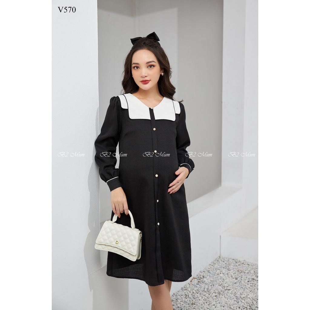 V570 Váy dạ text phối cổ đen
