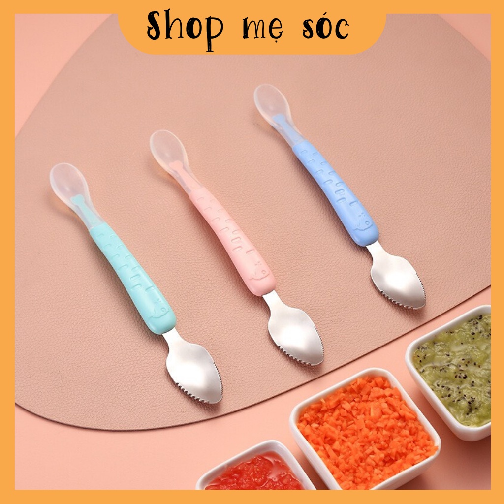 (không hộp) Thìa Nạo Hoa Quả 2 Trong 1 Cho Bé Tập Ăn Dặm - Đầu Inox Và Đầu Silicon Mềm Chất Liệu Cao Cấp mesocshop