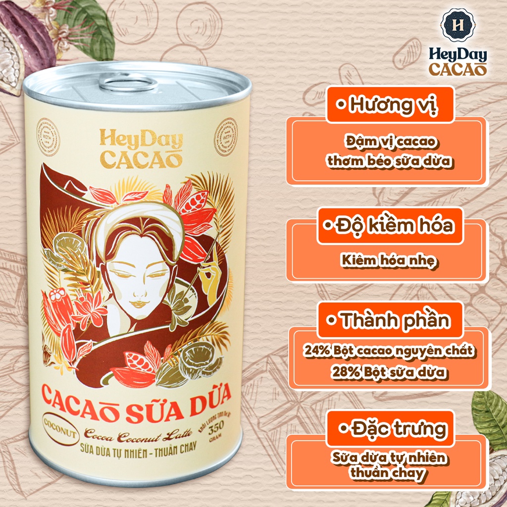 Ảnh Bột cacao sữa dừa tự nhiên, thuần chay – Lon 350g – Heyday Cacao 2