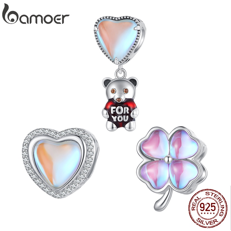 BAMOER Mặt Vòng cổ Bạc 925 Hình Trái Tim / Gấu / Bong Bóng Bằng Thủy Tinh Thời Trang DIY