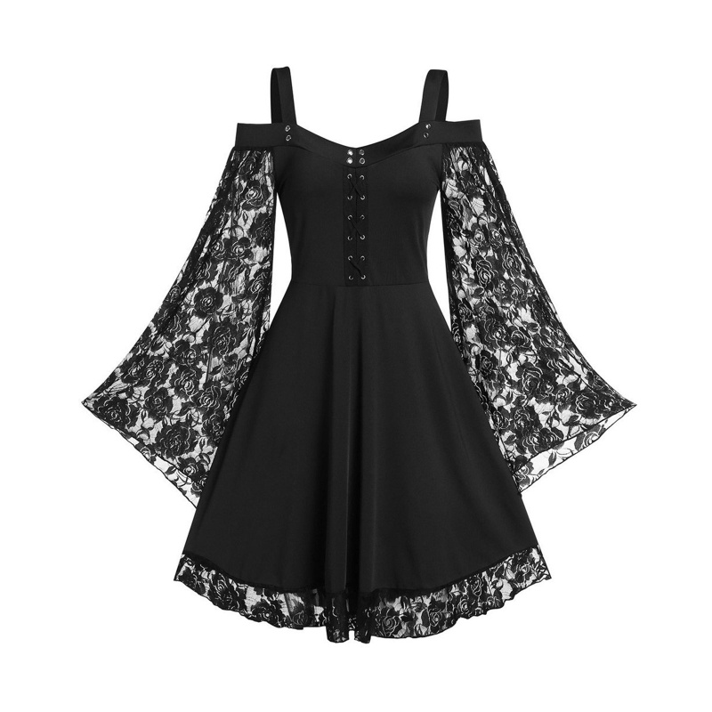 DASBSUG Nữ Gothic Chuông Tay Vai Cho Cross Strappy A-Line Midi Dress Partyw